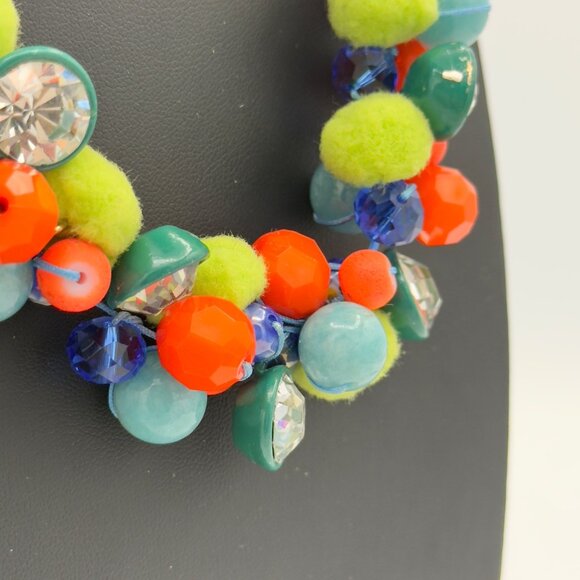 Bright Colorful Beaded Pom Pom Cha Cha Necklace Orange Green Blue Rhinestones - Picture 8 of 13